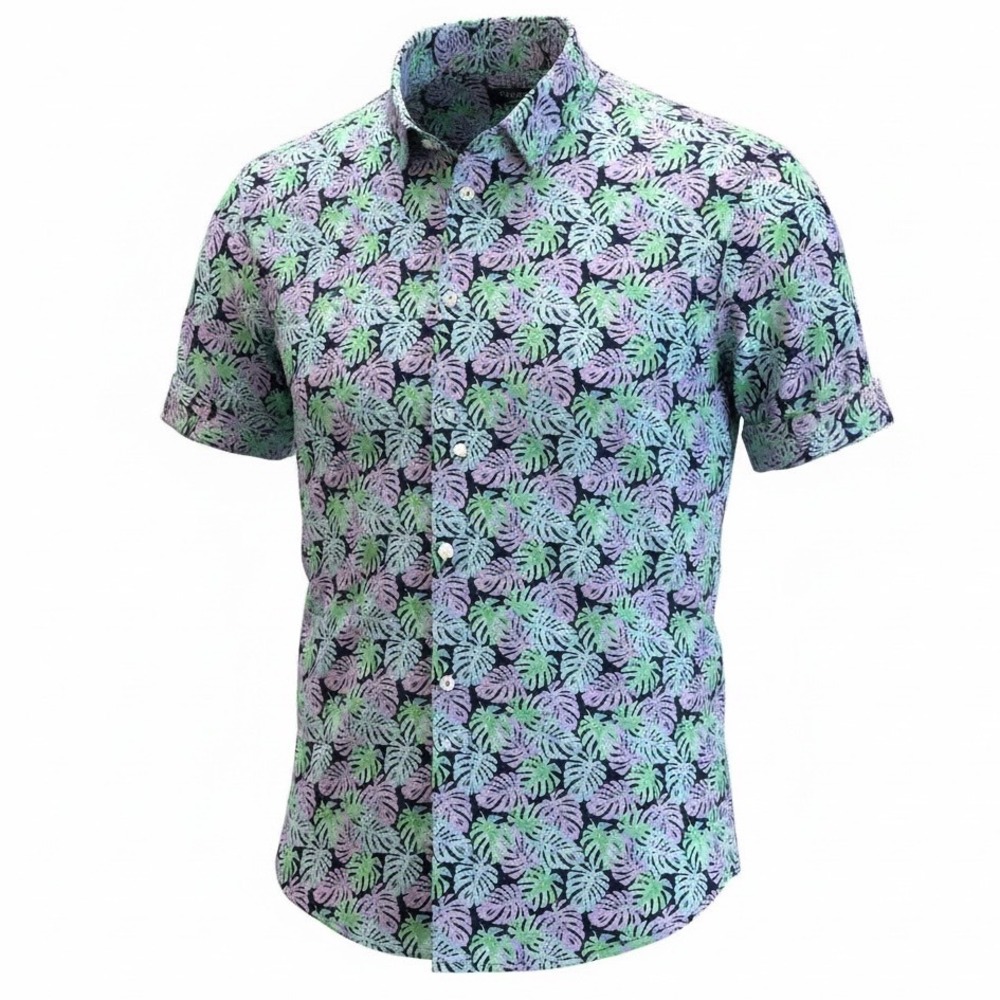 Mizzen Main Mens XL Trim Fit Performance Shirt Short Sleeve Monstera Leaf Navy